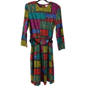 Terri Ellen Vintage Retro 80's Colorful Pink Blue Long Sleeve Midi Dress